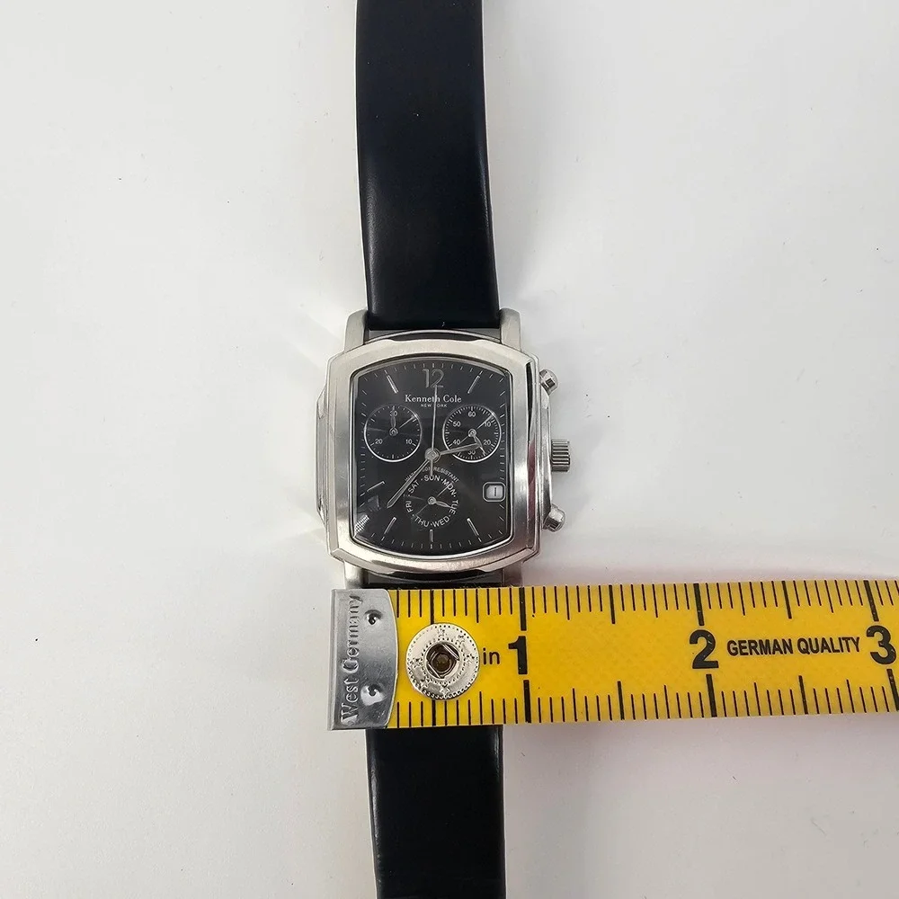 Kenneth Cole Watch Mens Black Leather Square Chronograph Dressy Modern Stainless